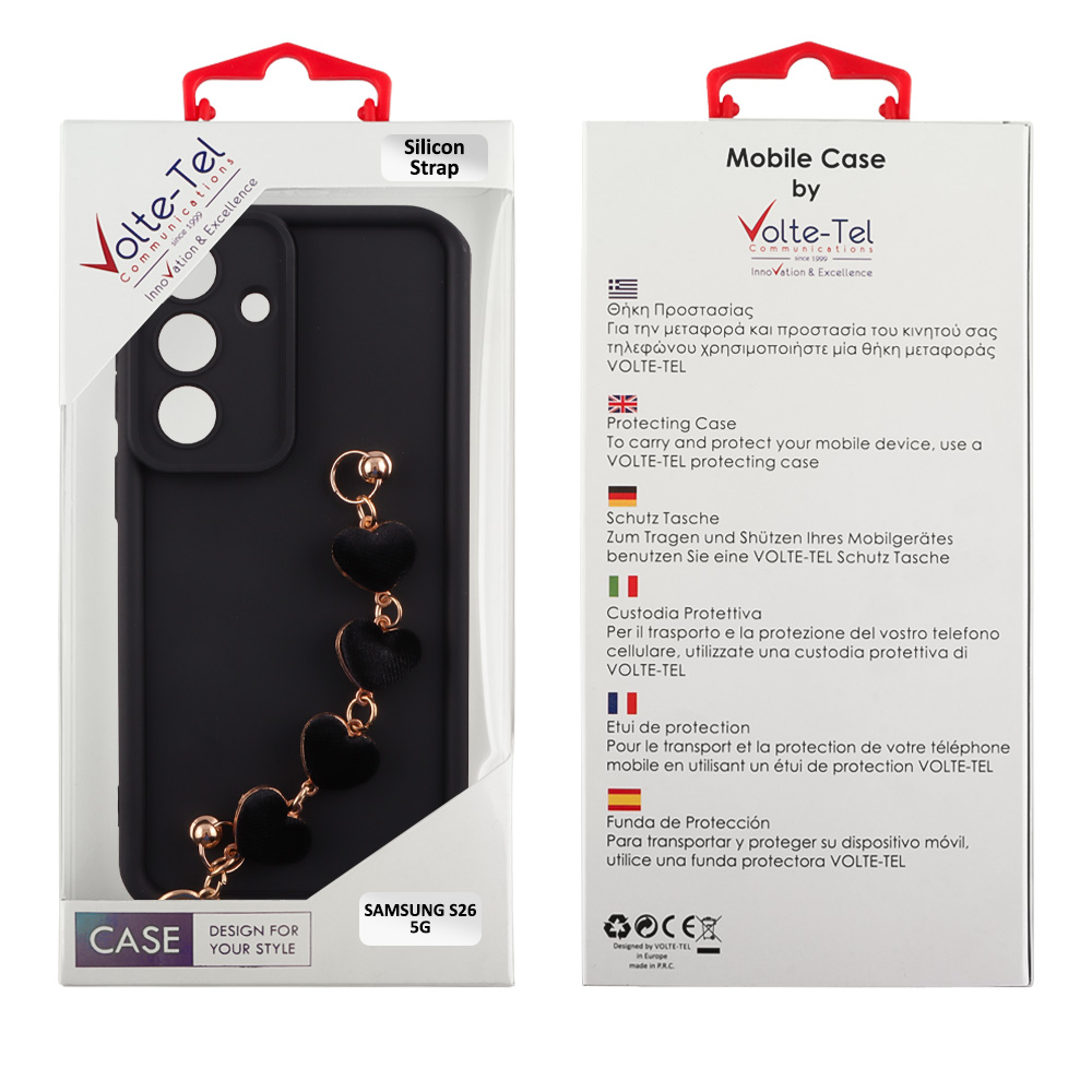VOLTE-TEL ΘΗΚΗ SAMSUNG S26 5G 6.3" SILICON TPU WITH STRAP FULL CAMERA PROTECTION BLACK WITH BLACK HEARTS - Image 2