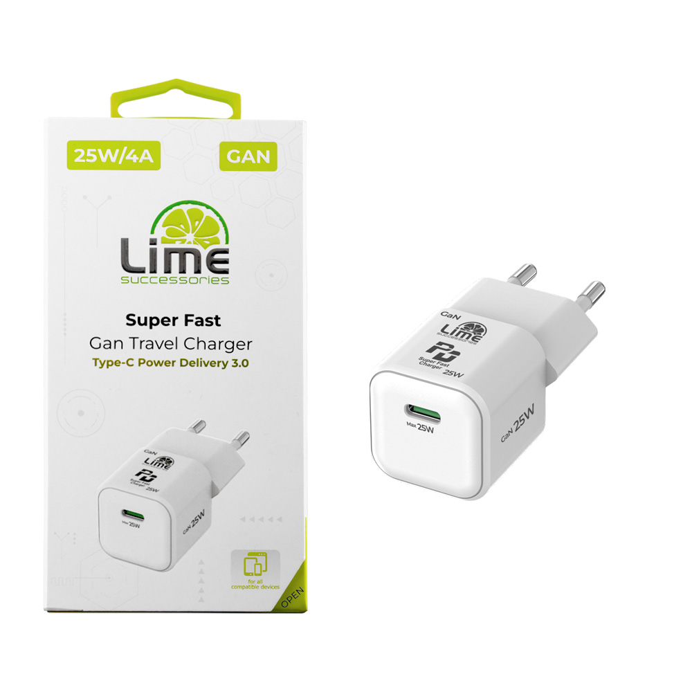 LIME TYPE C MINI GAN PD 3.0 SUPER FAST TRAVEL LGC25W 5V 4.0A/ 9V 2.77A/ 12V 2.08A 25W WHITE