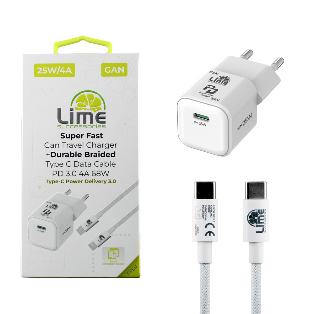 LIME TYPE C MINI GAN PD 3.0 SUPER FAST TRAVEL LGC25W 5V 4.0A/ 9V 2.77A 25W+ BRAIDED ΦΟΡΤΙΣΗΣ-DATA LBCC01 TYPE C TO TYPE C 68W