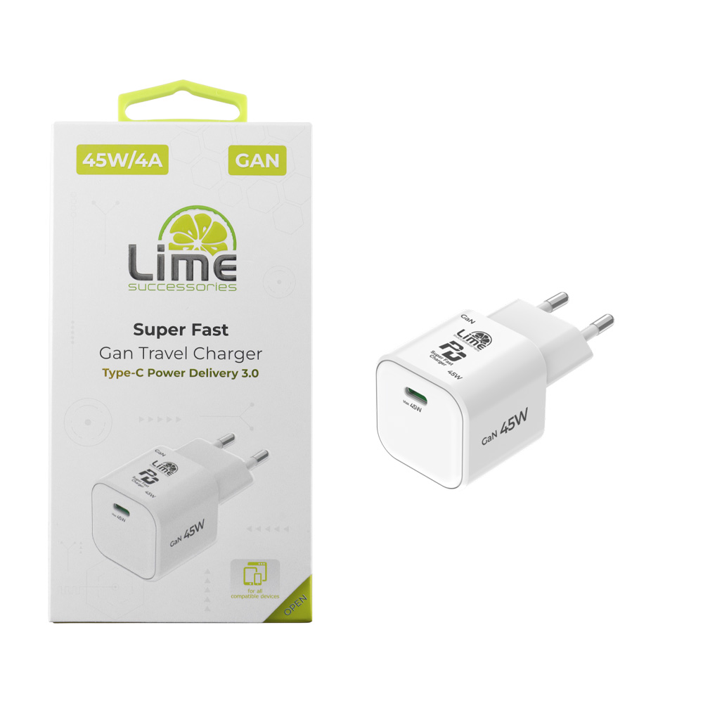 LIME TYPE C GAN PD 3.0 SUPER FAST TRAVEL QC 3.0 LGC45W 5V 4.0A /9V 4A/ 12V 3.75A/ 15V 3A/ 20V 2.25A 45W WHITE