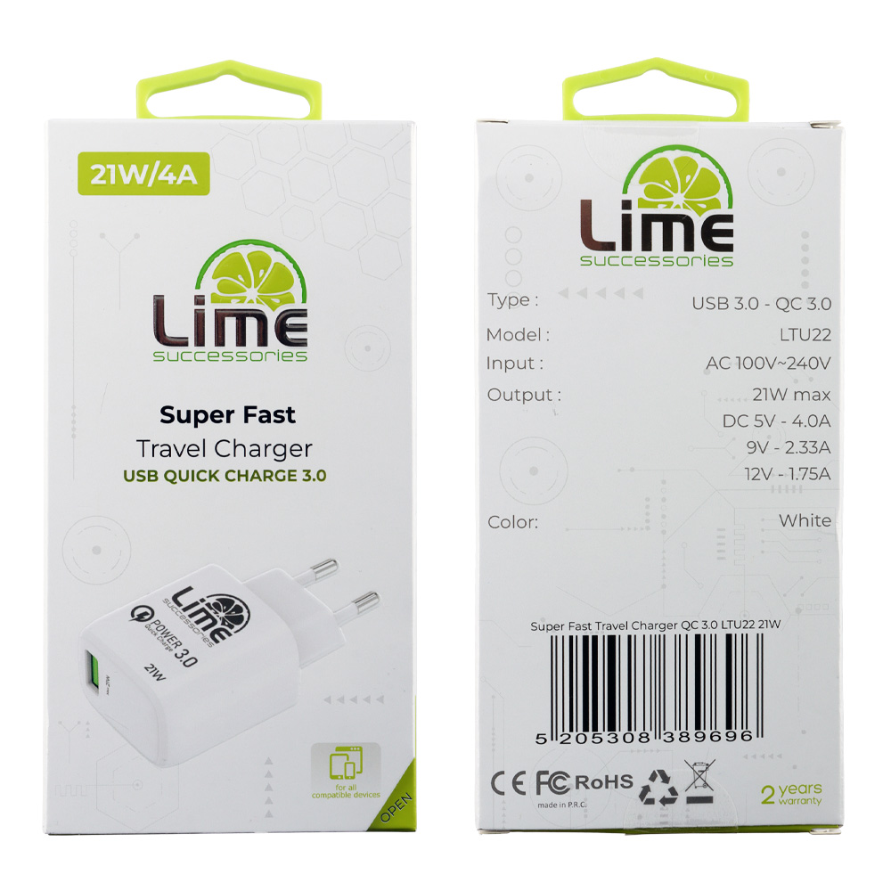 LIME USB 3.0 PD SUPER FAST TRAVEL QC 3.0 LTU22 4.0A 21W WHITE - Image 2