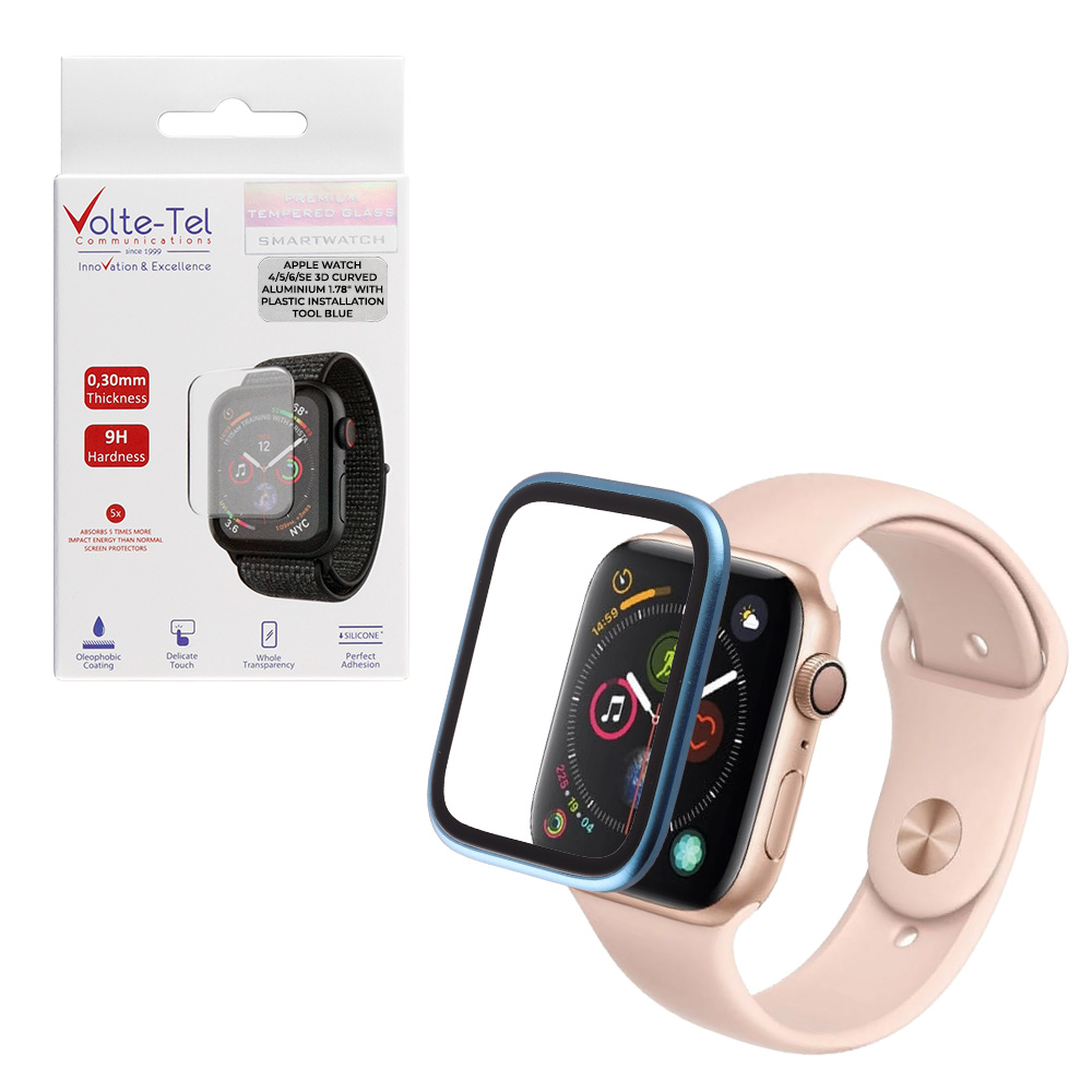 VOLTE-TEL TEMPERED GLASS APPLE WATCH 4/5/6/SE 44mm 3D CURVED ALUMINIUM 1.78" 0.30mm FULL COVER & INSTALLATION TOOL BLUE