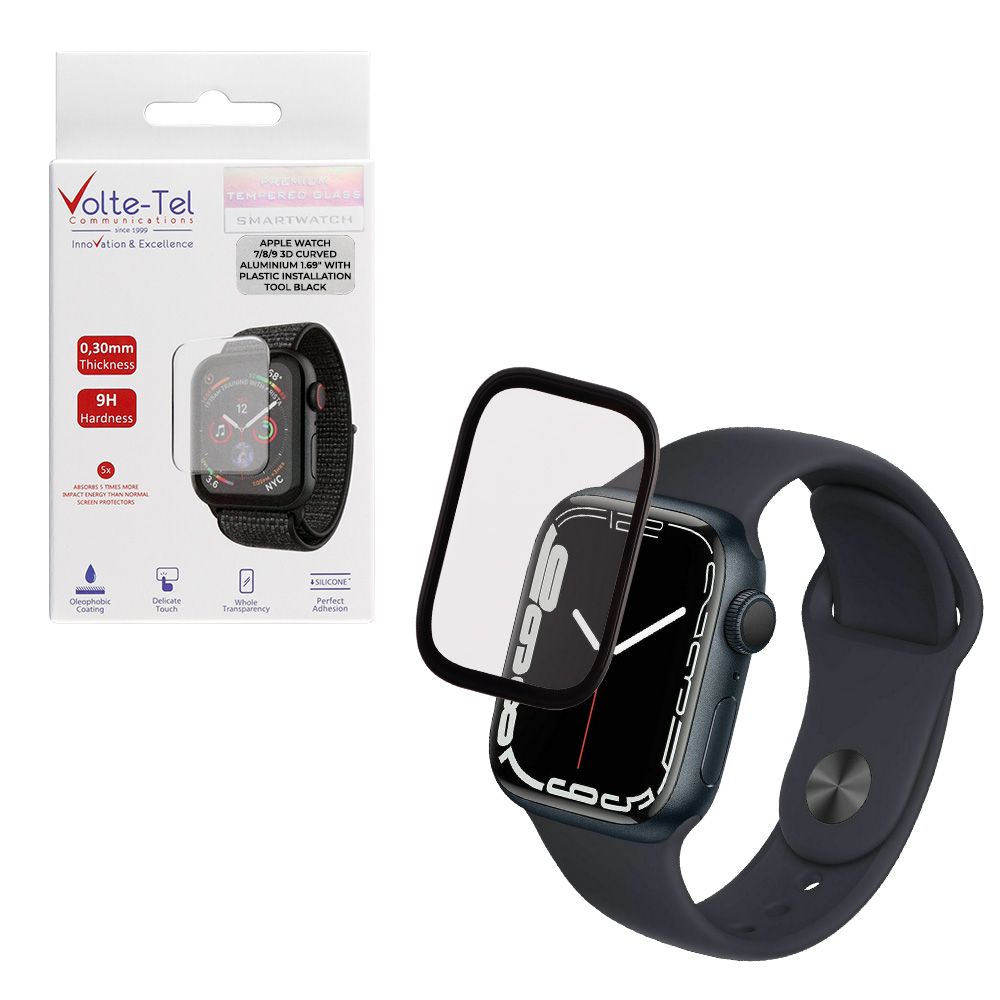 VOLTE-TEL TEMPERED GLASS APPLE WATCH 7/8/9 41mm 3D CURVED ALUMINIUM 1.69" 0.30mm FULL COVER & INSTALLATION TOOL BLACK