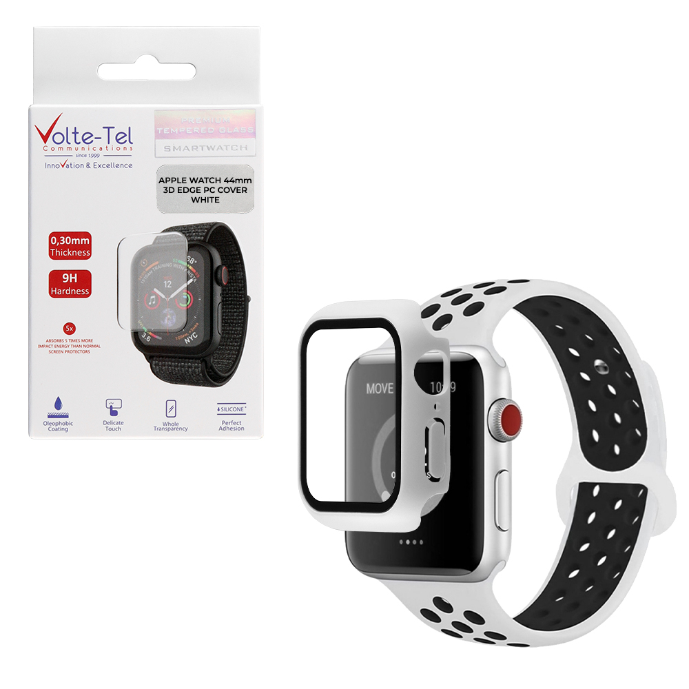 VOLTE-TEL PC EDGE COVER TEMPERED GLASS APPLE WATCH 44mm 1.78in 9H 0.30mm WITH KEY 3D FULL GLUE FULL COVER WHITE