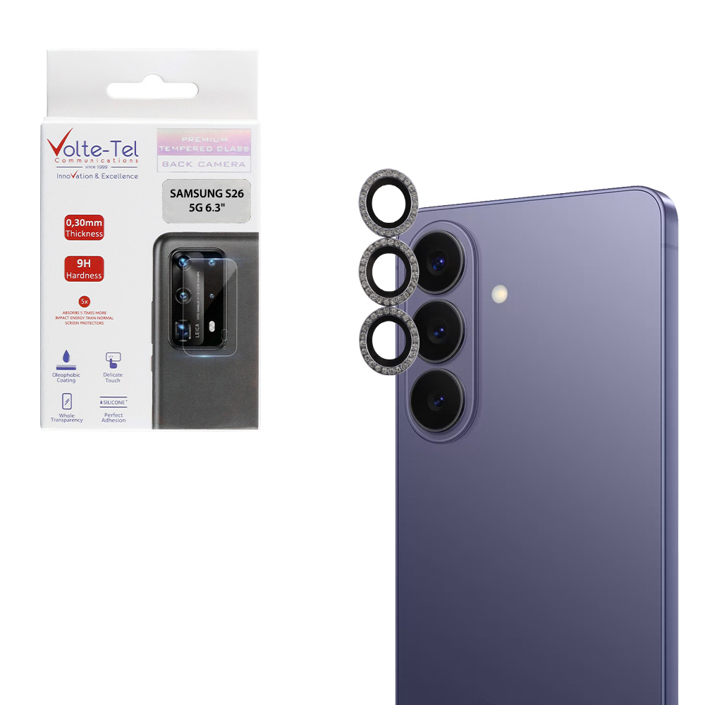 VOLTE-TEL CAMERA GLASS COVER SAMSUNG S26 5G 6.3" 9H 0.33MM EASY APPLICATION WITH STRASS SILVER