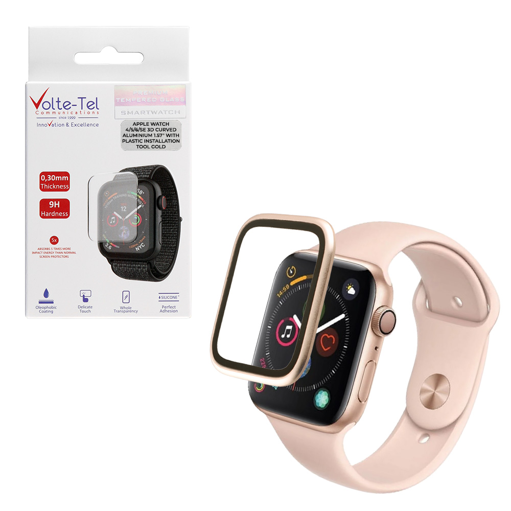 VOLTE-TEL TEMPERED GLASS APPLE WATCH 4/5/6/SE 40mm 3D CURVED ALUMINIUM 1.57" 0.30mm FULL COVER & INSTALLATION TOOL GOLD