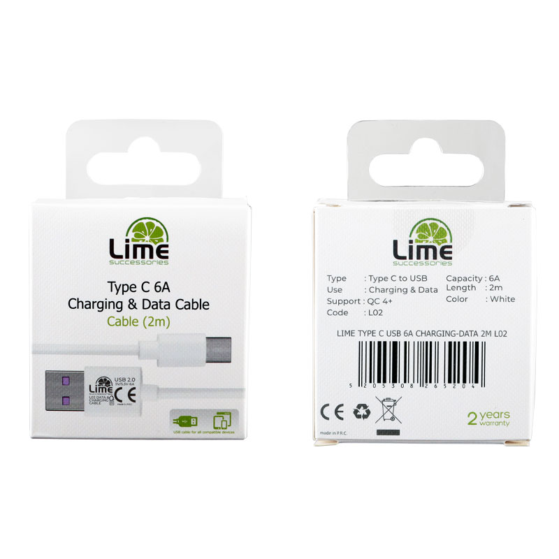LIME TYPE C USB 6.0A ΦΟΡΤΙΣΗΣ-DATA 2m L02 WHITE - Image 3