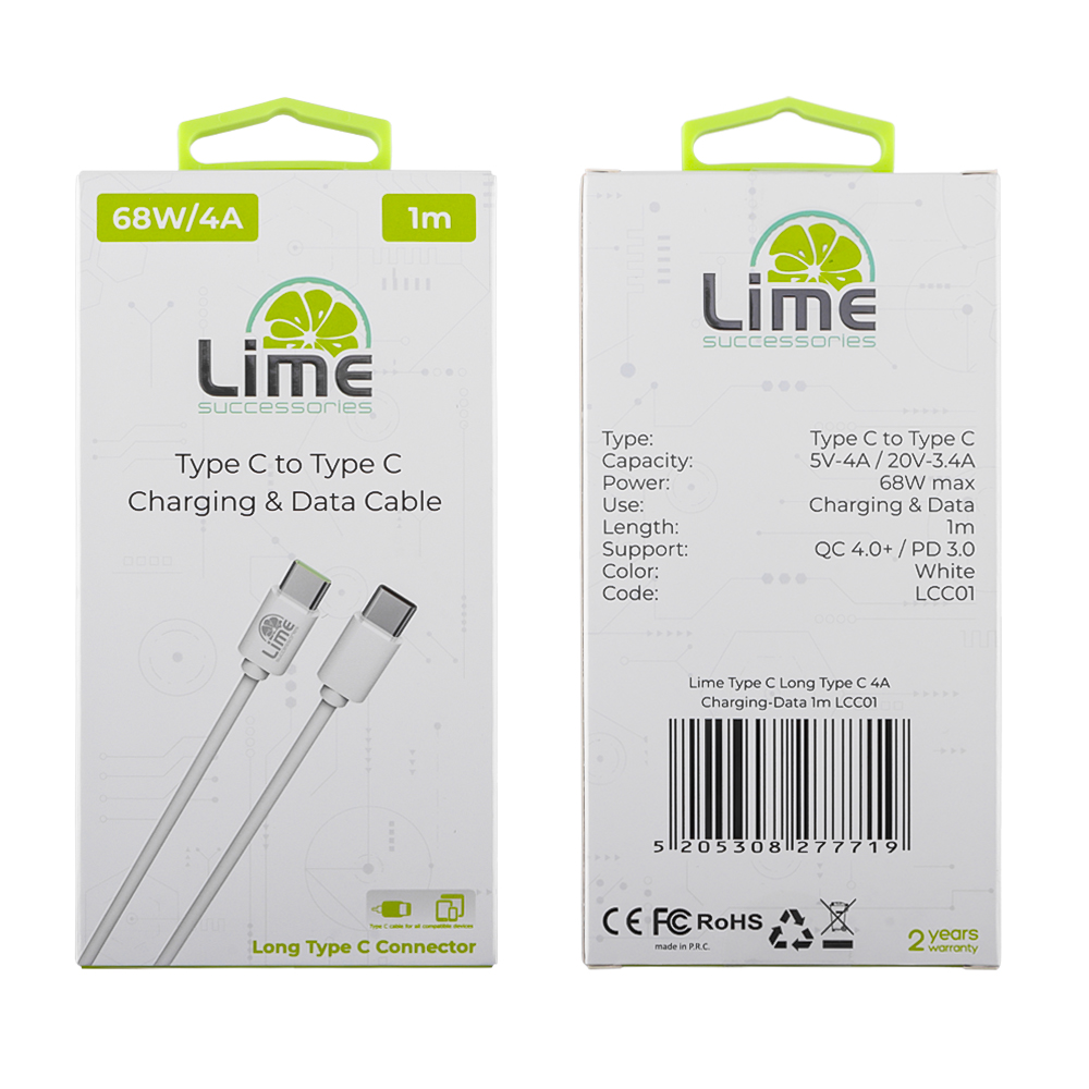 LIME USB-C TYPE C TO USB-C TYPE C LONG 4.0A ΦΟΡΤΙΣΗΣ-DATA 1m LCC01 68W WHITE - Image 4