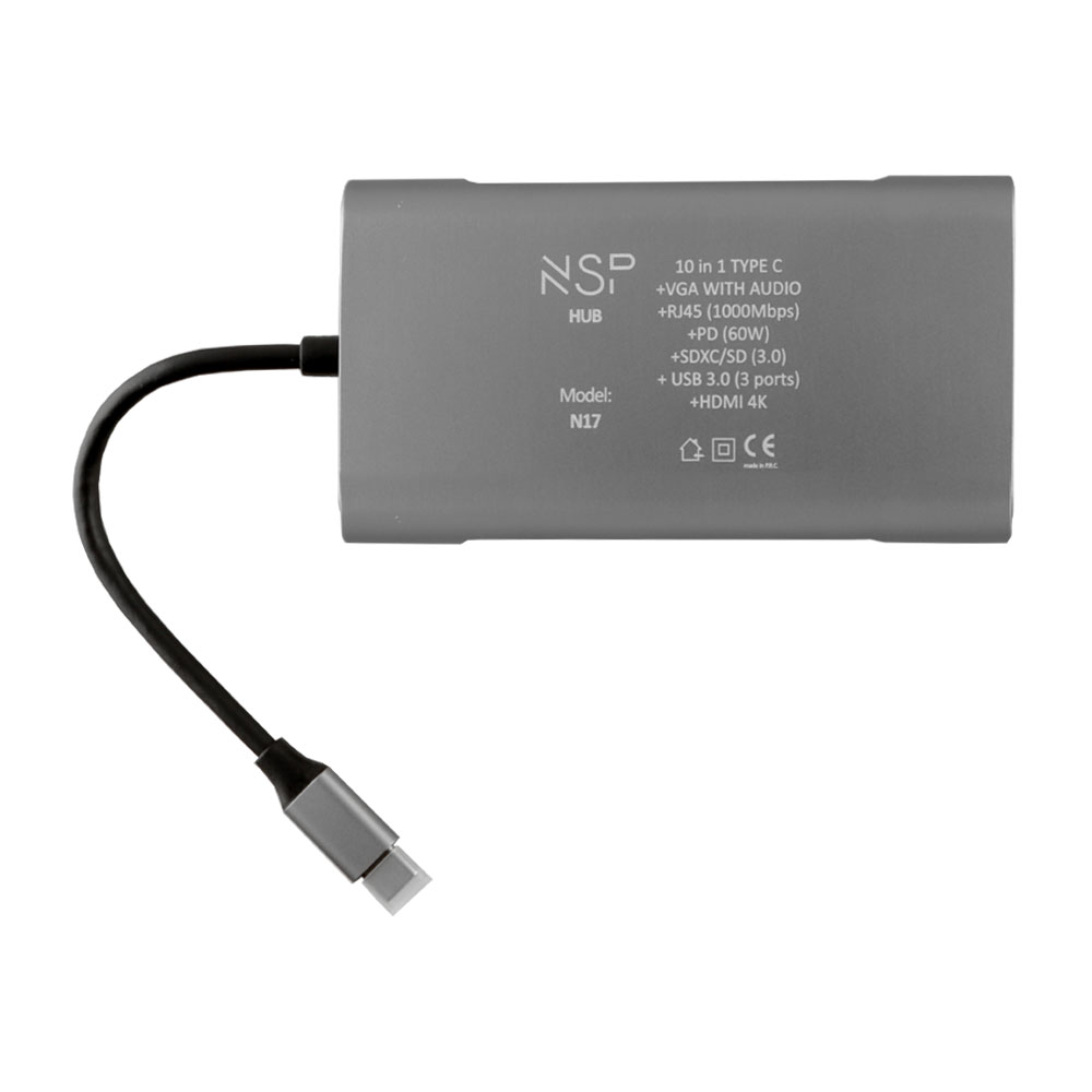 NSP N17 10 IN 1 USB-C HUB TYPE C TO VGA WITH AUDIO/RJ45 1000Mbps/PD 60W/SDXC/SD 3.0/USB 3.0 X3/ HDMI 4K ALU GREY - Image 4