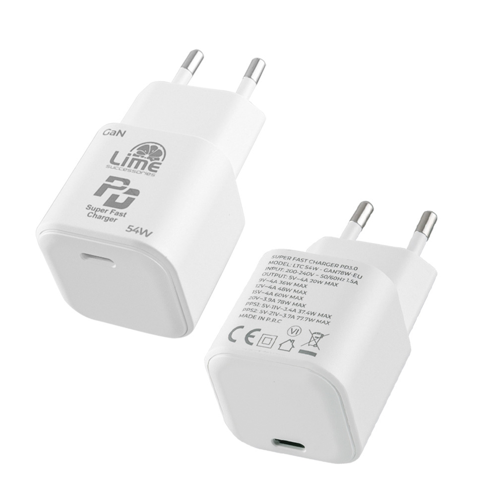 LIME TYPE C GAN PD 3.0 SUPER FAST TRAVEL LTC54W 5V 4.0A/9V 4.0A/ 12V 3.5A/ 15V 3.33A/ 20V 2.7A 54W WHITE - Image 2