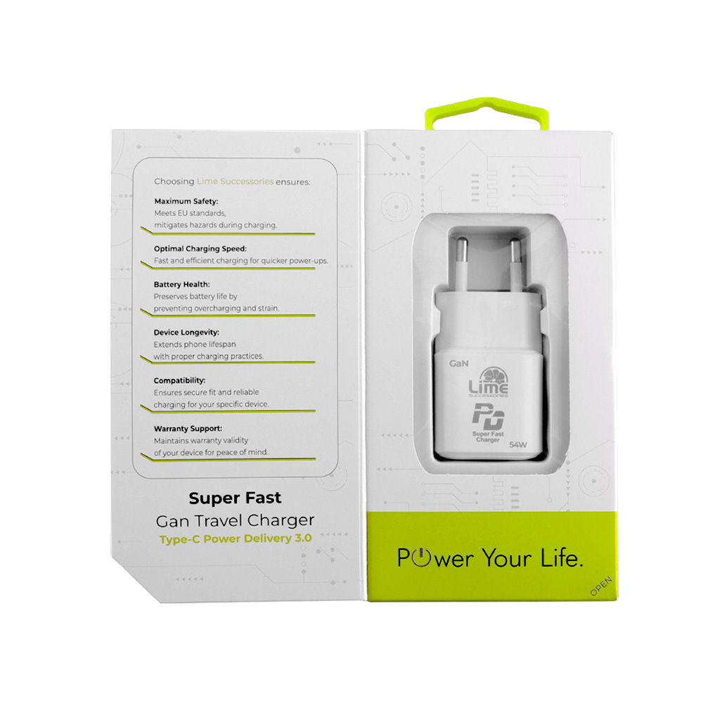 LIME TYPE C GAN PD 3.0 SUPER FAST TRAVEL LTC54W 5V 4.0A/9V 4.0A/ 12V 3.5A/ 15V 3.33A/ 20V 2.7A 54W WHITE - Image 6