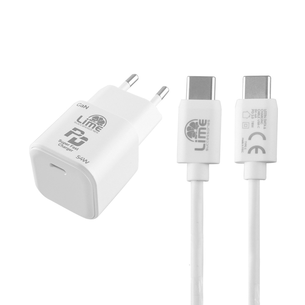 LIME TYPE C GAN PD 3.0 SUPER FAST TRAVEL LTC54W5V-9V 4.0A/12V 3.5A/20V 2.7A 54W +ΦΟΡΤΙΣΗΣ-DATA LCC04 TYPE C TO TYPE C 78W WHITE - Image 2