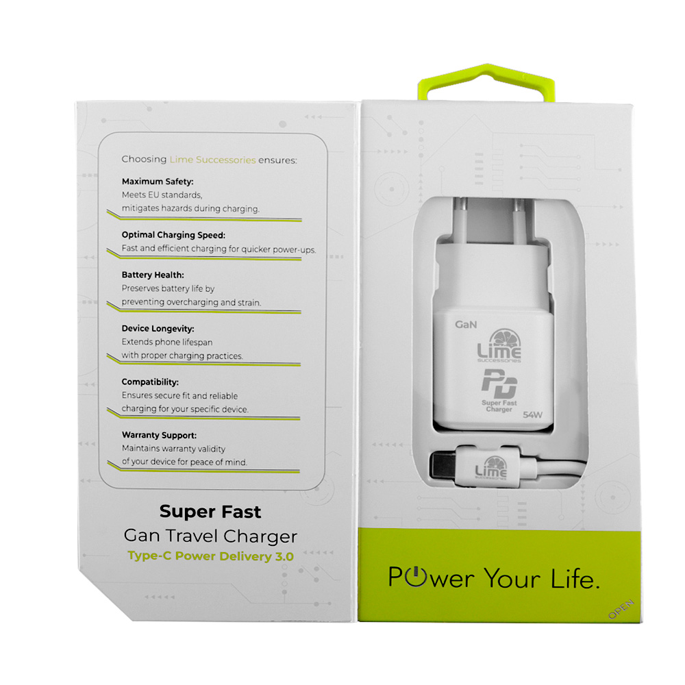 LIME TYPE C GAN PD 3.0 SUPER FAST TRAVEL LTC54W5V-9V 4.0A/12V 3.5A/20V 2.7A 54W +ΦΟΡΤΙΣΗΣ-DATA LCC04 TYPE C TO TYPE C 78W WHITE - Image 8