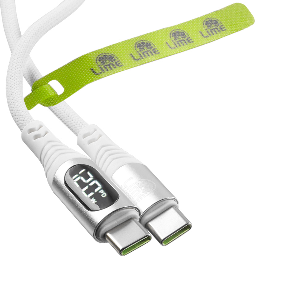 LIME USB-C TYPE C TO USB-C TYPE C 6A ΦΟΡΤΙΣΗΣ-DATA DURABLE BRAIDED WITH LED DISPLAY 1.2m LBLCC01 120W WHITE - Image 5