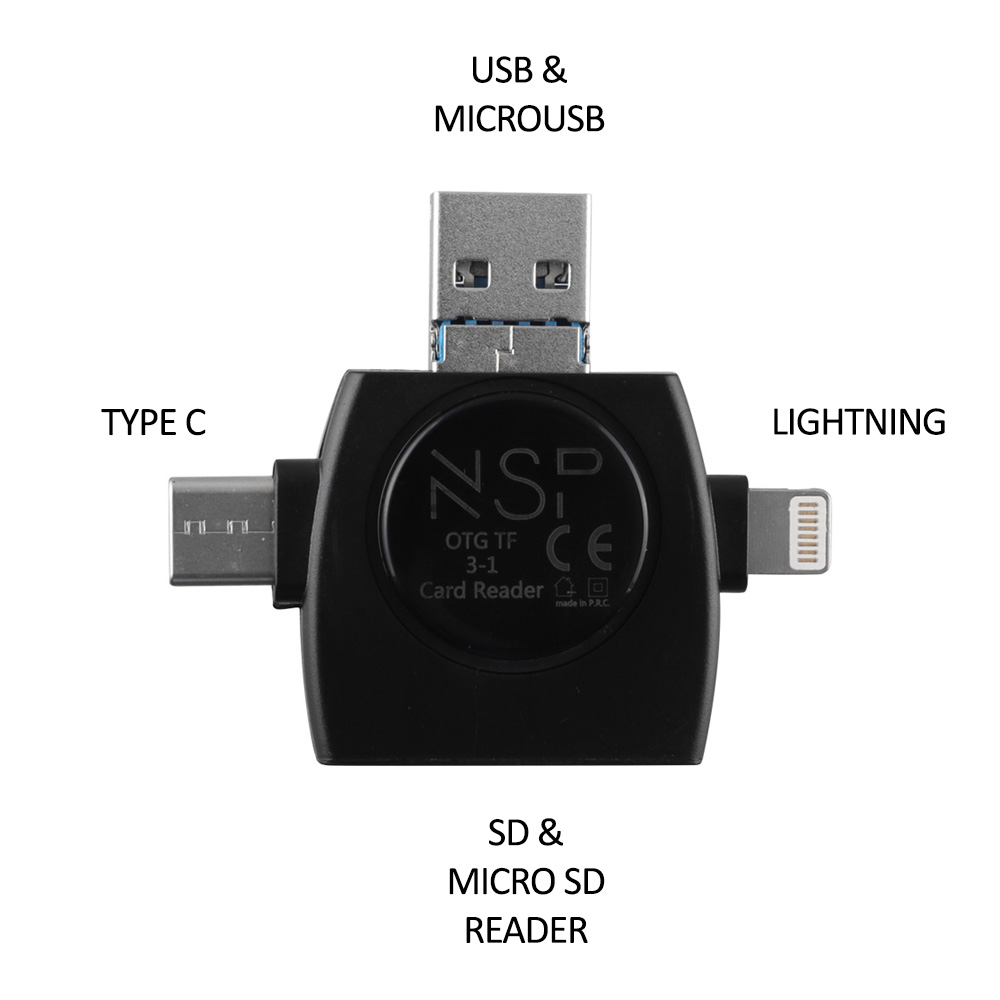 NSP N35 3 IN 1 SD CARD READER USB-A/MICRO USB/TYPE C & LIGHTNING BLACK - Image 2