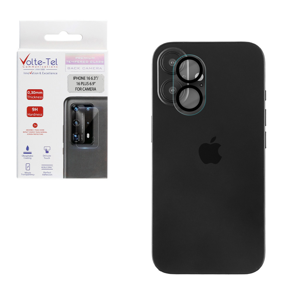 VOLTE-TEL CAMERA GLASS IPHONE 16 6.1in/16 PLUS 6.9in 9H 0.25mm 3D CURVED BLACK