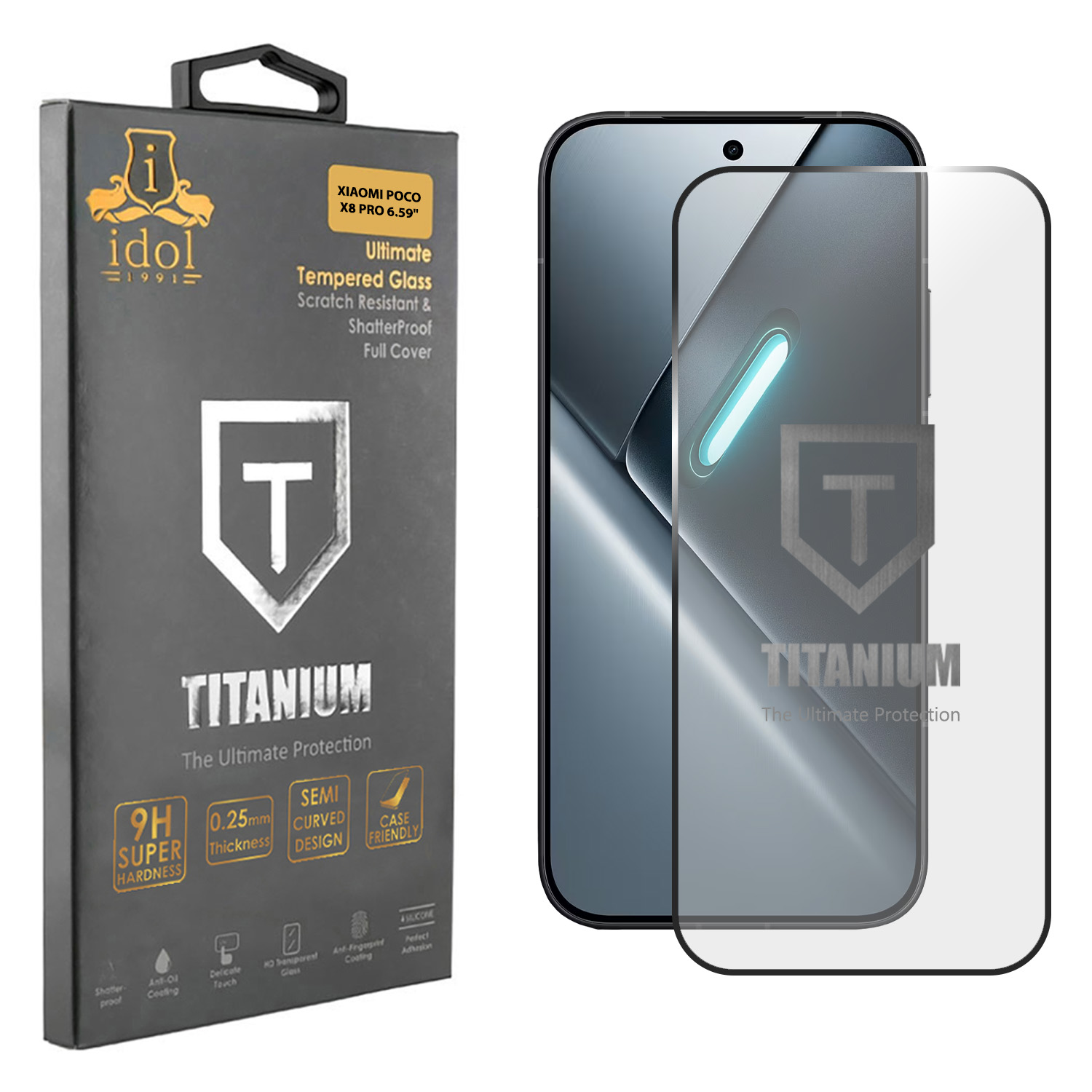 IDOL 1991 TEMPERED GLASS XIAOMI POCO X8 PRO 6.59" 9H 0.25mm TITANIUM SEMI CURVED FULL GLUE BLACK