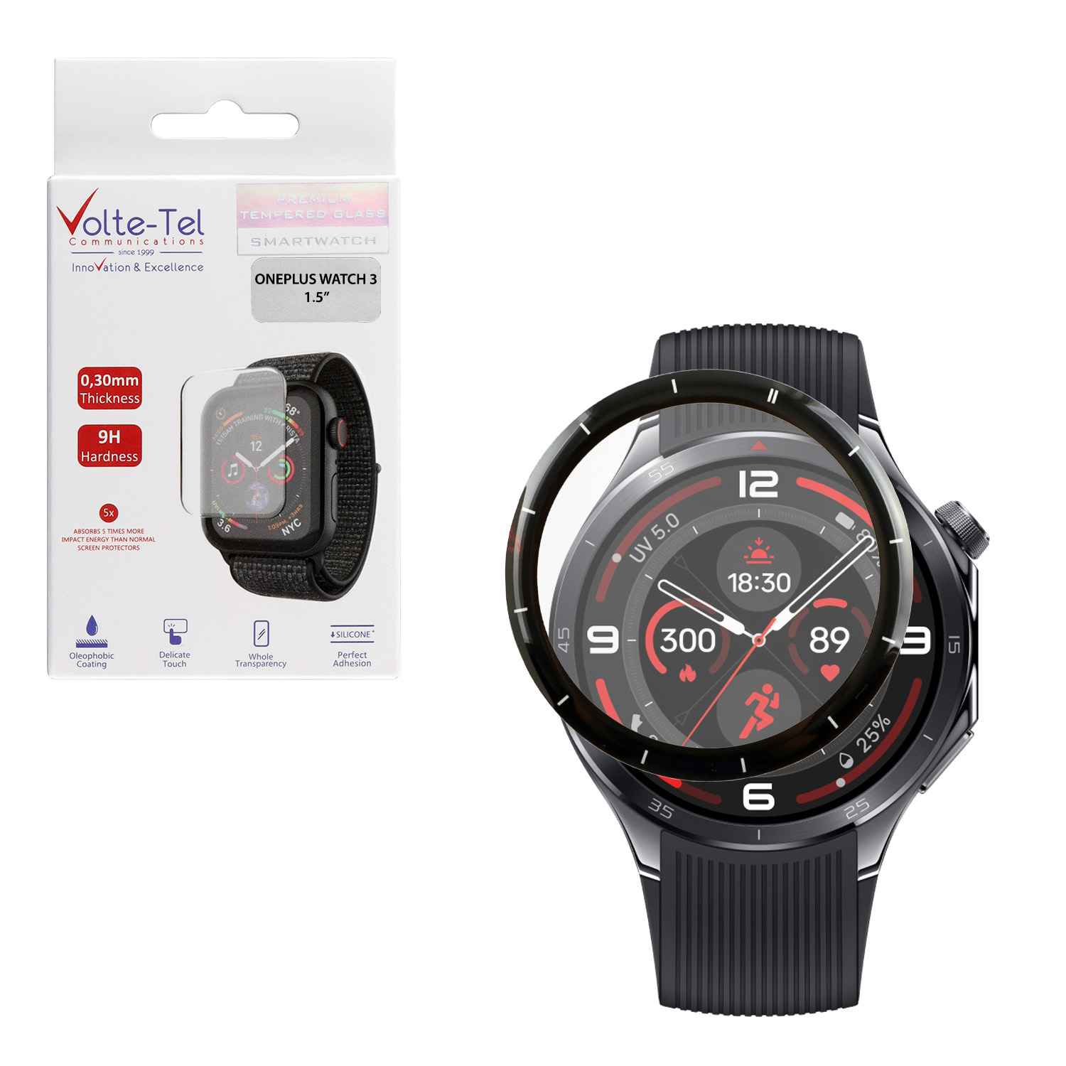 VOLTE-TEL PLEXI TEMPERED GLASS ONEPLUS WATCH 3 46MM 3D EDGE 1.5in 0.30mm FULL GLUE FULL COVER BLACK