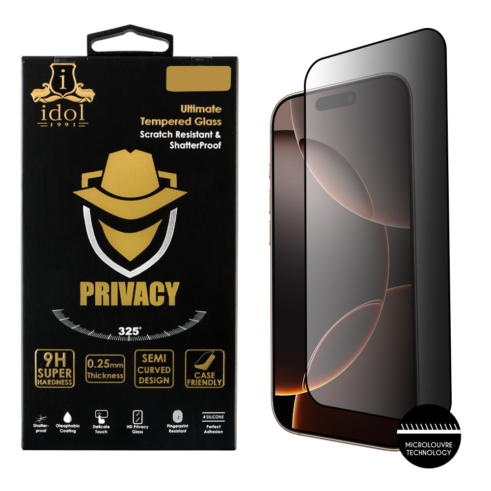 IDOL 1991 PRIVACY ANTISPY TEMPERED GLASS IPHONE 16 PRO 6.3in 9H 0.25mm SEMI CURVED FULL GLUE BLACK
