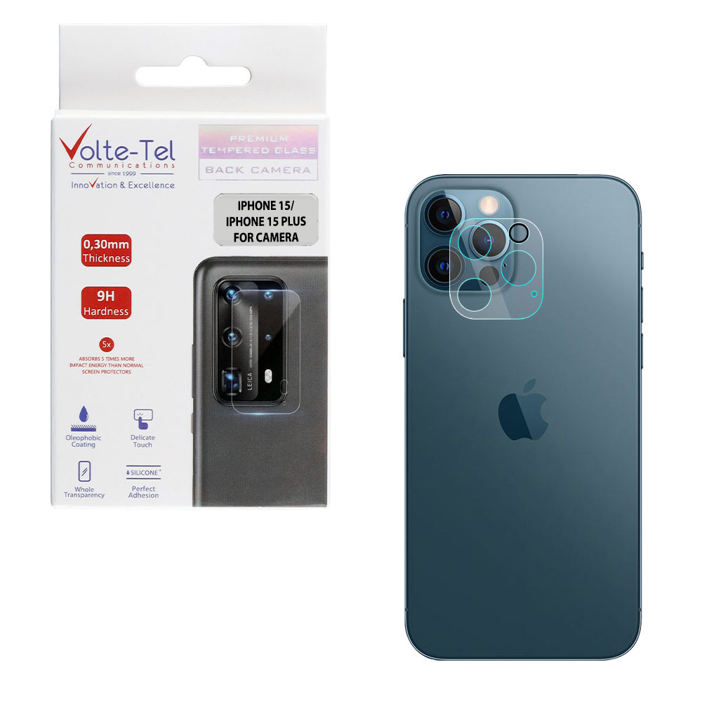 VOLTE-TEL CAMERA GLASS IPHONE 15 6.1in/15 PLUS 6.7in 9H 0.25mm 3D CURVED TRANSPARENT