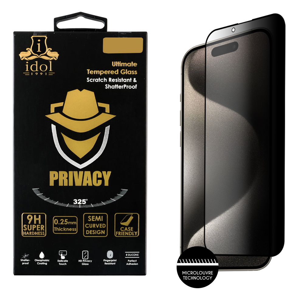 IDOL 1991 PRIVACY ANTISPY TEMPERED GLASS IPHONE 15 PRO MAX 6.7in 9H 0.25mm SEMI CURVED FULL GLUE BLACK