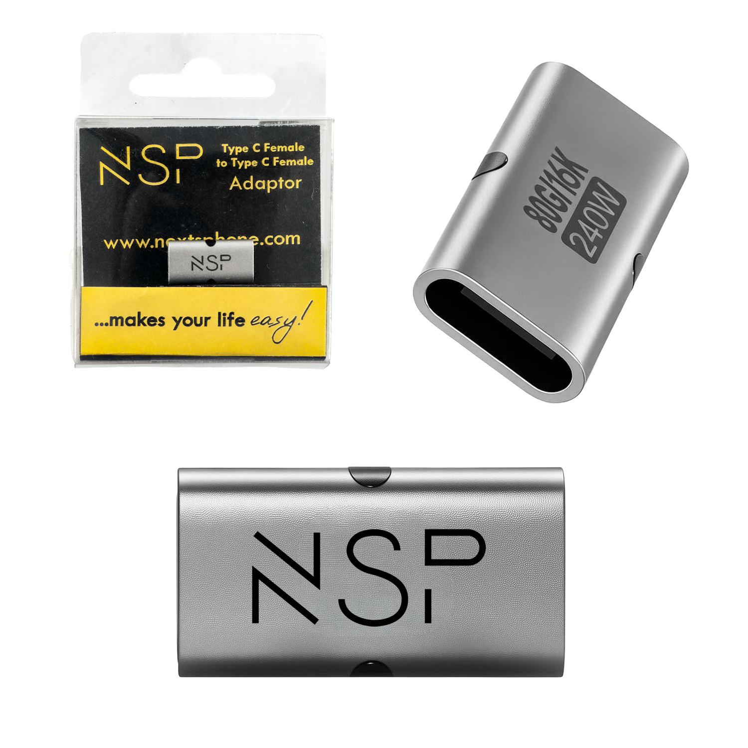 NSP ΜΕΤΑΤΡΟΠΕΑΣ TYPE C FEMALE TO TYPE C FEMALE 80GBPS 240W 48V 5A ALUMINIUM SILVER