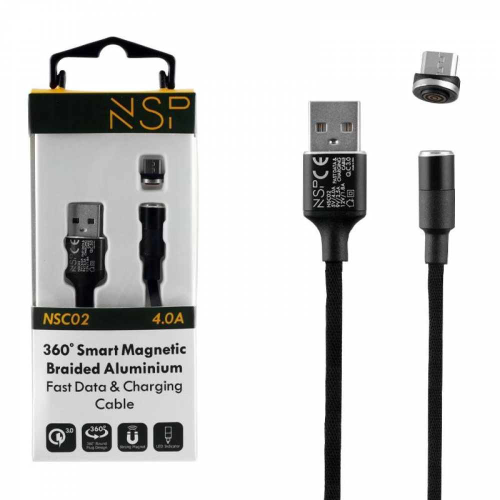 matshop.gr - NSP MICRO USB ΦΟΡΤΙΣΗΣ-DATA MAGNETIC BRAIDED NSC02 4.0A QC 3.0 1.2m BLACK