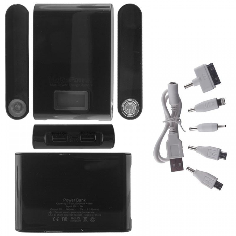 matshop.gr - EXTERNAL POWER BANK 12000mAh 2.1A+1A +TORCH + 5 CONNECTORS BLACK