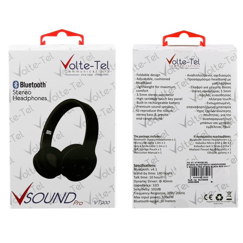 matshop.gr - VOLTE-TEL STEREO BLUETOOTH HEADPHONES V SOUND PRO VT900 BLACK-RED