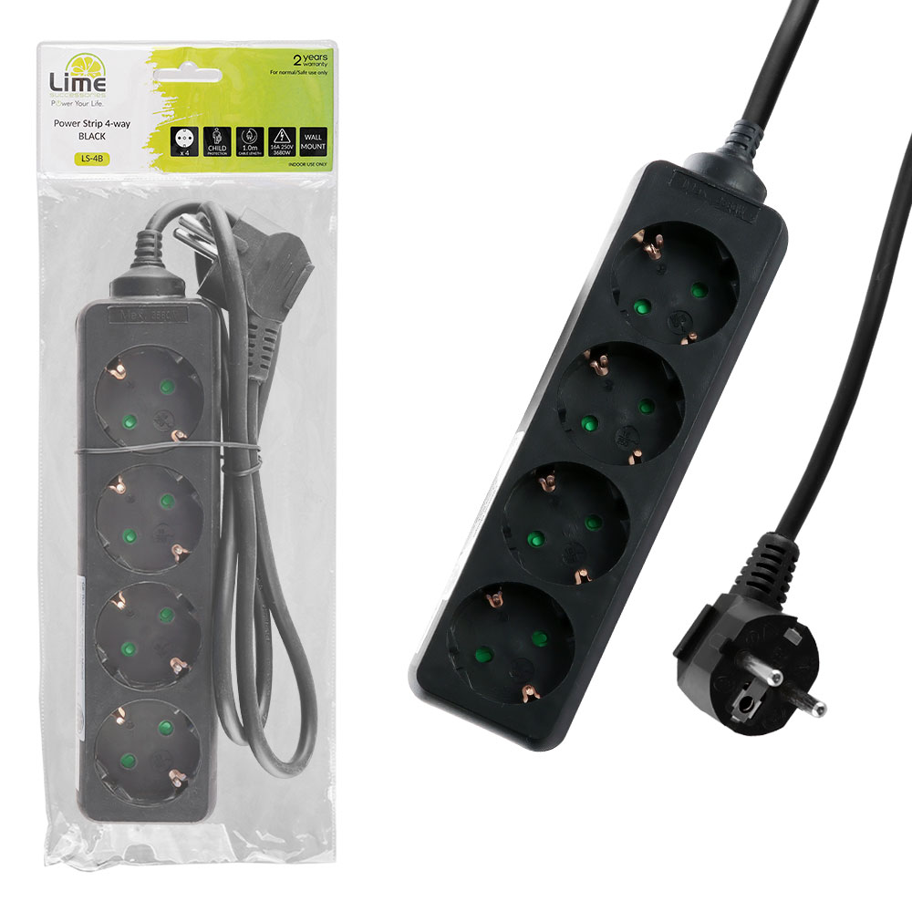 matshop.gr - LIME ΠΟΛΥΠΡΙΖΟ 4 ΣΟΥΚΟ LS-4B 16A ΜΕ ΠΑΙΔΙΚΗ ΠΡΟΣΤΑΣΙΑ (3x1.0mm) 1.0m ΜΑΥΡΟ