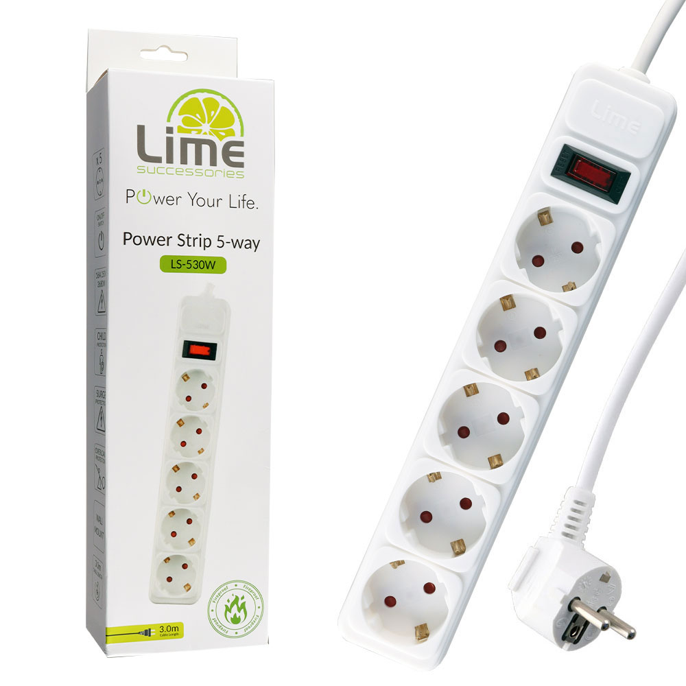 matshop.gr - LIME ΠΟΛΥΠΡΙΖΟ 5 ΣΟΥΚΟ LS-530W ΜΕ ΔΙΑΚΟΠΤΗ - ΠΑΙΔΙΚΗ ΠΡΟΣΤΑΣΙΑ ΥΠΕΡΤΑΣΗΣ & ΥΠΕΡΦΟΡΤΩΣΗΣ (3x1.5mm2) 3.0m ΑΣΠΡΟ