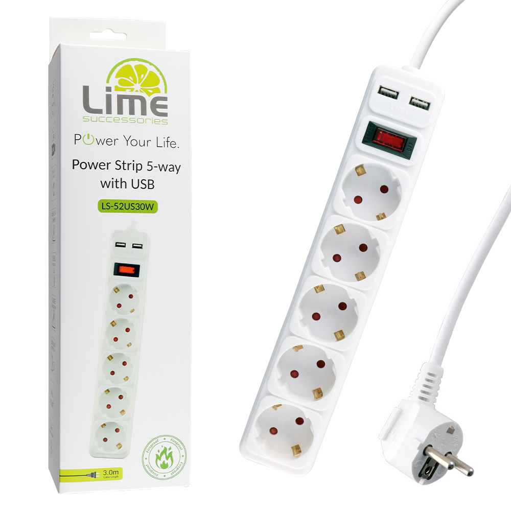matshop.gr - LIME ΠΟΛΥΠΡΙΖΟ 5 ΣΟΥΚΟ + 2 USB 3.5A LS-52US30W ΜΕ ΔΙΑΚΟΠΤΗ - ΠΑΙΔΙΚΗ ΠΡΟΣΤΑΣΙΑ ΥΠΕΡΤΑΣΗΣ & ΥΠΕΡΦΟΡΤΩΣΗΣ (3x1.5mm2) 3.0m ΑΣΠΡΟ