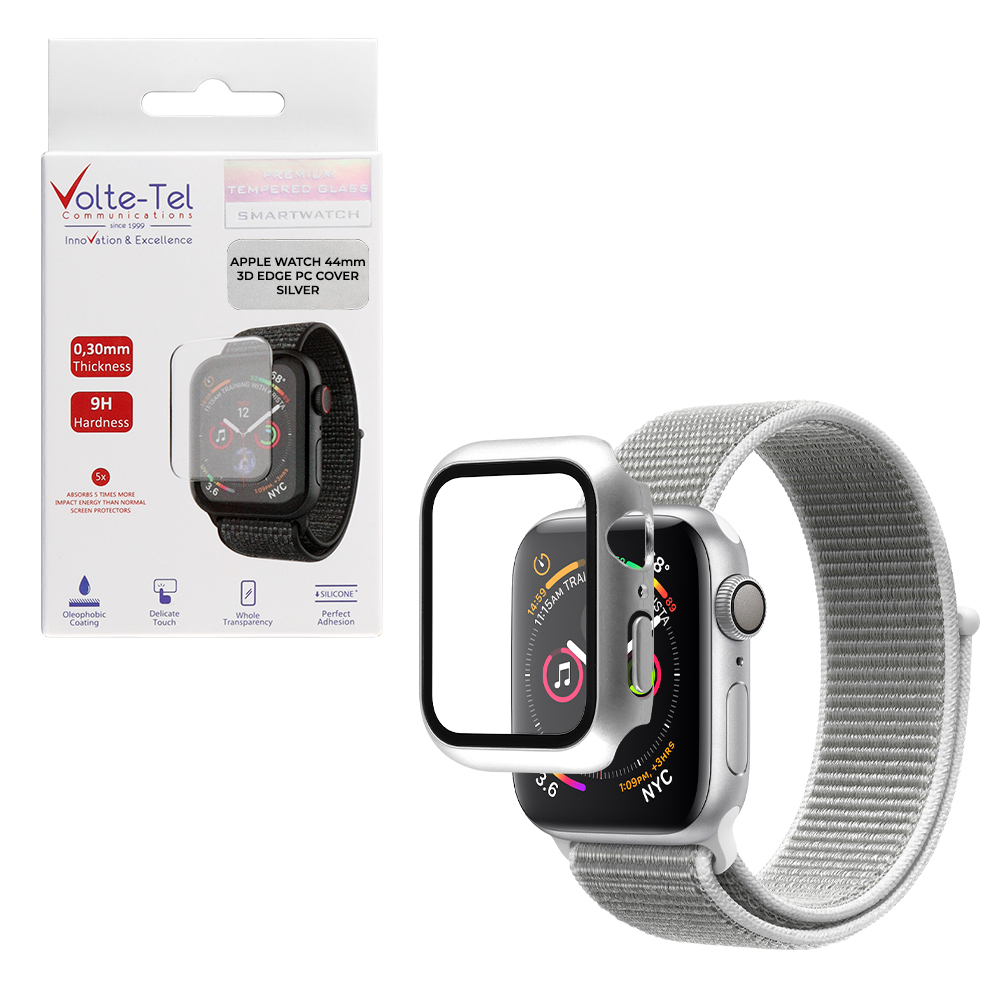matshop.gr - VOLTE-TEL TEMPERED GLASS APPLE WATCH 44mm 1.78" 9H 0.30mm PC EDGE COVER WITH KEY 3D FULL GLUE FULL COVER SILVER