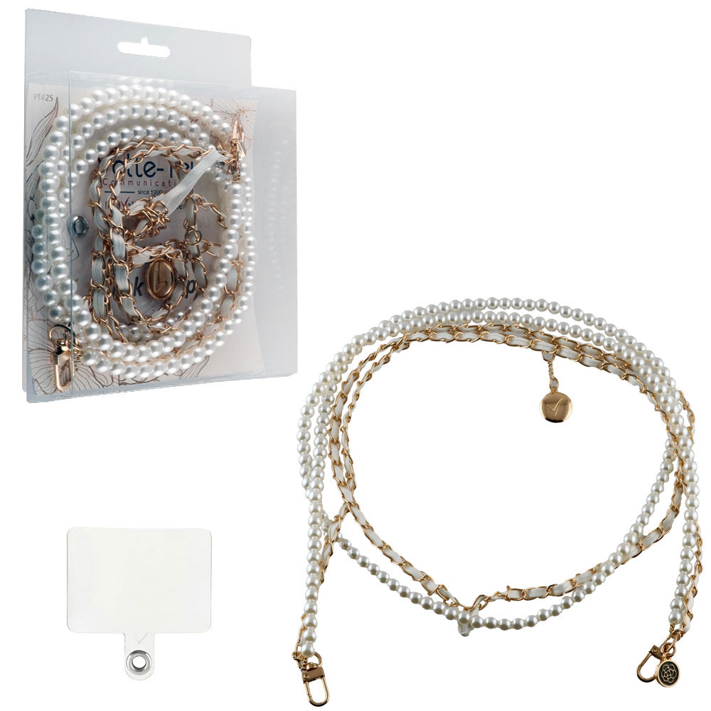 matshop.gr - VOLTE-TEL NECK STRAP - ΑΛΥΣΙΔΑ ΛΑΙΜΟΥ ΓΙΑ ΘΗΚΕΣ WHITE PEARLS WITH WHITE LEATHER-GOLD METAL VT425 120cm