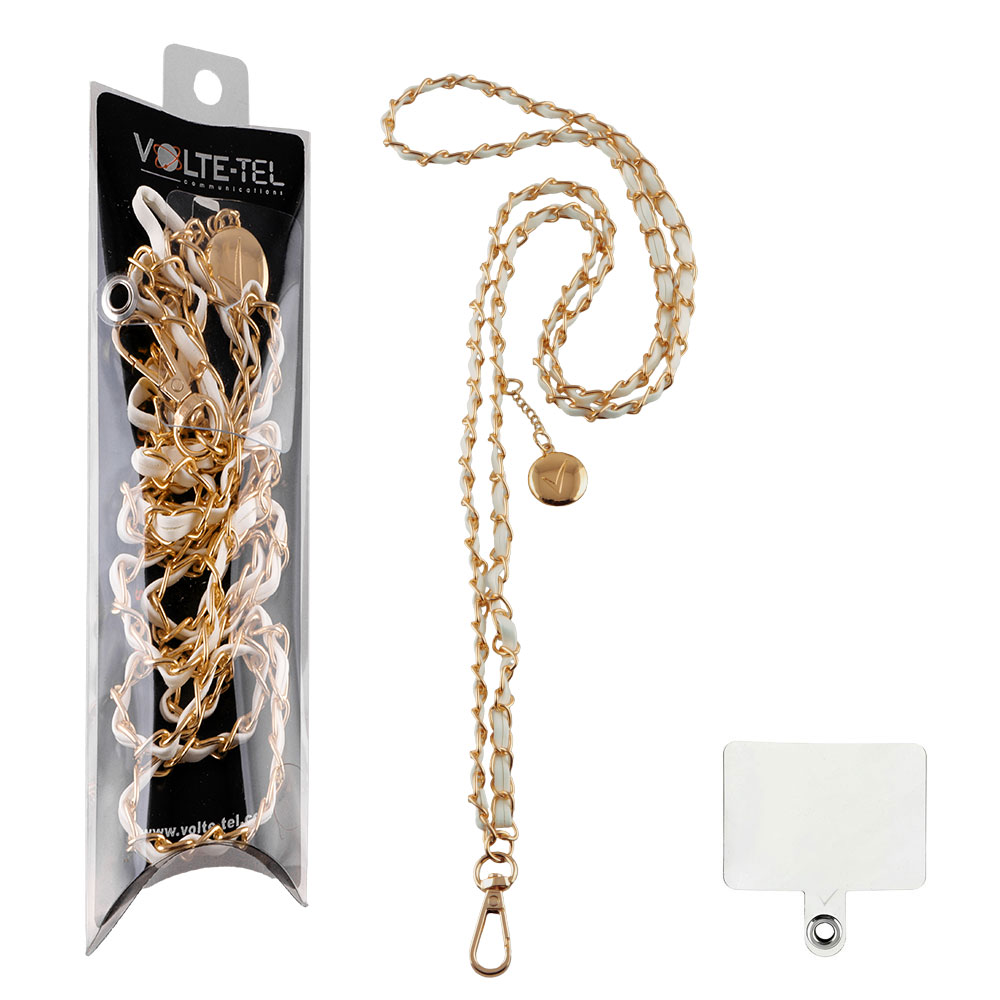 matshop.gr - VOLTE-TEL NECK STRAP - ΑΛΥΣΙΔΑ ΛΑΙΜΟΥ ΓΙΑ ΘΗΚΕΣ WHITE LEATHER-GOLD METAL VT431 120cm