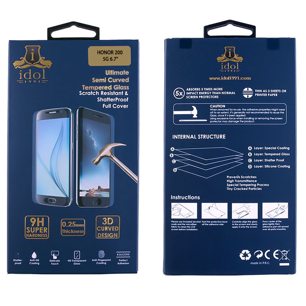 IDOL 1991 TEMPERED GLASS HONOR 200 5G 6.7" 9H 0.25mm 3D EDGE GLUE SEMI CURVED FINGER UNLOCK BLACK