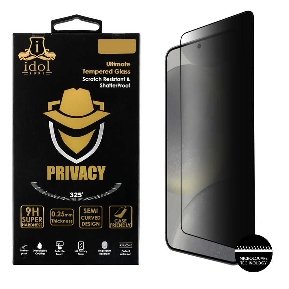 IDOL 1991 PRIVACY ANTISPY TEMPERED GLASS SAMSUNG S25 5G 6.2in 9H 0.2mm 3D SEMI CURVED EDGE GLUE FINGER UNLOCK BLACK