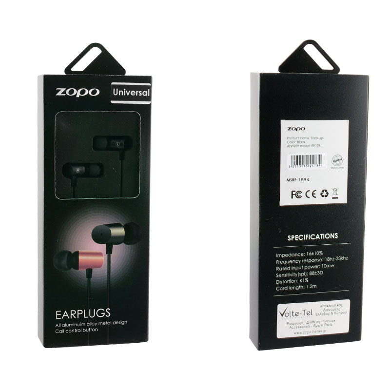 HANDS FREE STEREO ZOPO ER17B UNIVERSAL 3.5mm ALUMINIUM BLACK 1.2M PACKING OR - Image 2