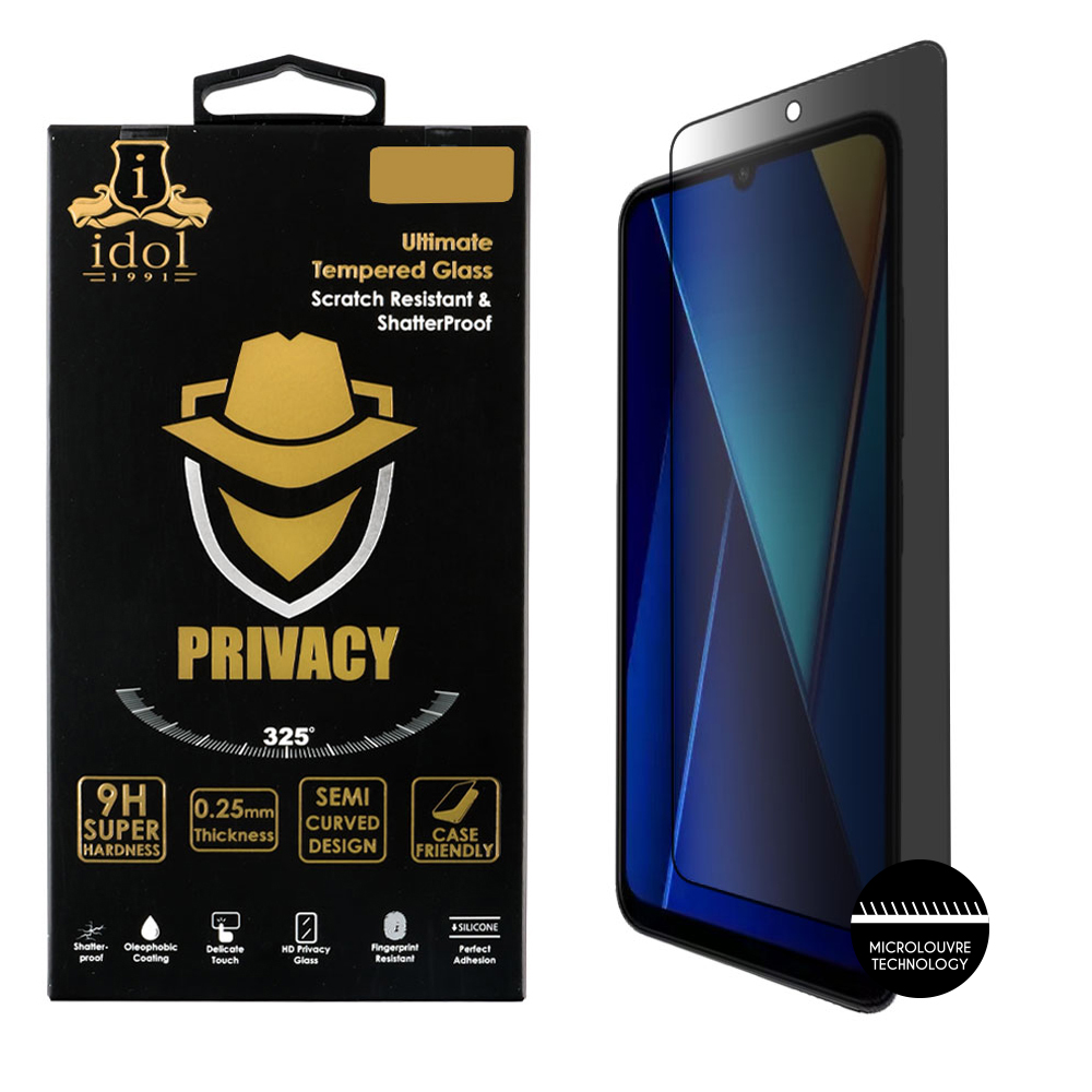 IDOL 1991 PRIVACY ANTISPY TEMPERED GLASS XIAOMI POCO C65 4G 6.74in 9H 0.25mm SEMI CURVED FULL GLUE BLACK