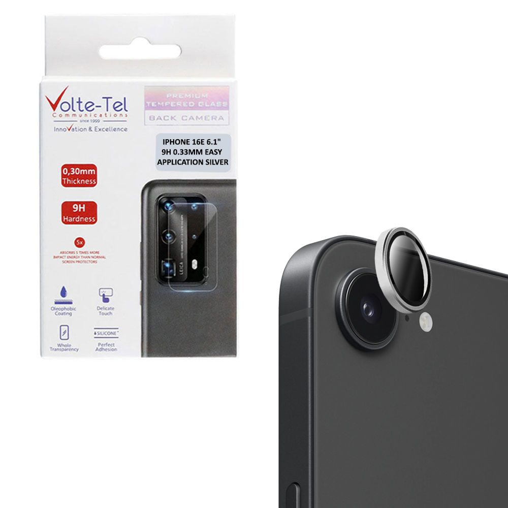 VOLTE-TEL CAMERA GLASS COVER IPHONE 16E/ IPHONE 17E 6.1in 9H 0.33MM EASY APPLICATION SILVER