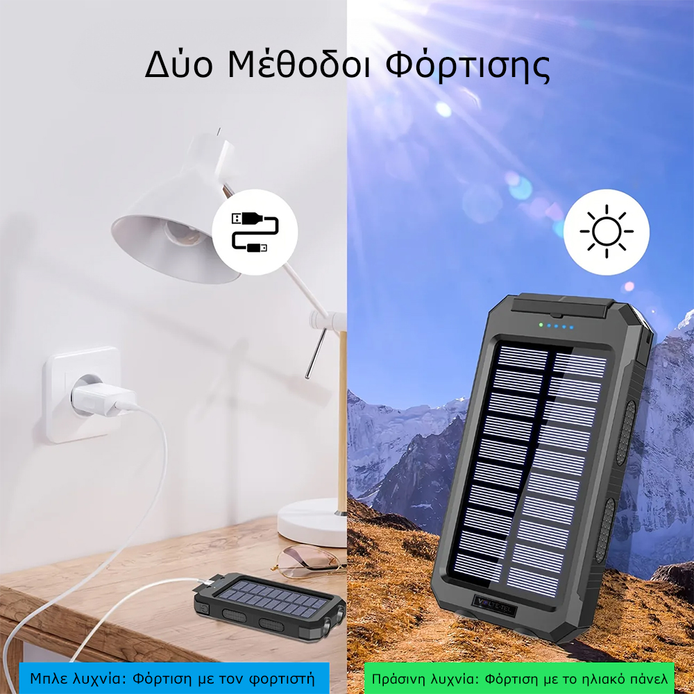 SOLAR POWER BANK 8000mAh IP64 WITH FLASHLIGHT AND COMPASS OUTPUT USB1 5V-2A/ USB2 5V-2A MAX 2.1A INPUT MICRO USB 5V-2A BLACK - Image 7