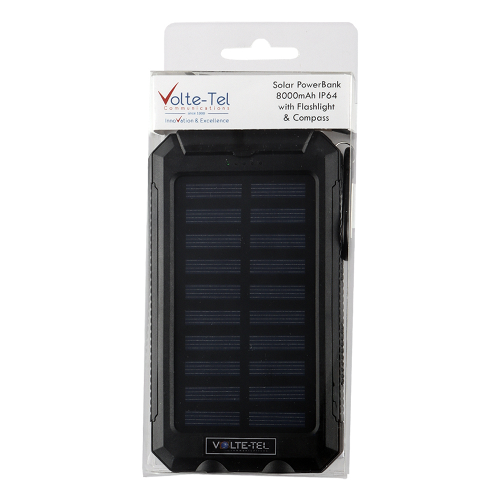 SOLAR POWER BANK 8000mAh IP64 WITH FLASHLIGHT AND COMPASS OUTPUT USB1 5V-2A/ USB2 5V-2A MAX 2.1A INPUT MICRO USB 5V-2A BLACK - Image 2