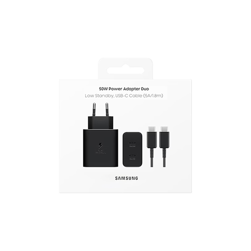 TRAVEL SAMSUNG EP-T5020XBE DUAL TYPE C 5V 3A/9V 3A/15V 3A/20V 2.5A 50W MAX FAST CHARGE+USB TYPE C TO TYPE C 5A BLACK PACKING - Image 2