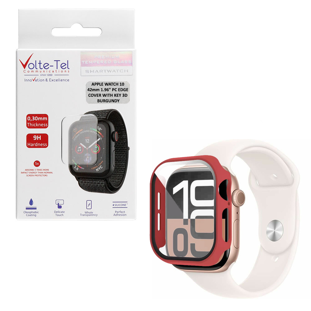 VOLTE-TEL PC EDGE COVER TEMPERED GLASS APPLE WATCH 10/ WATCH 11 42mm 1.77in 9H 0.30mm WITH KEY 3D FULL GLUE FULL COVER BURGUNDY