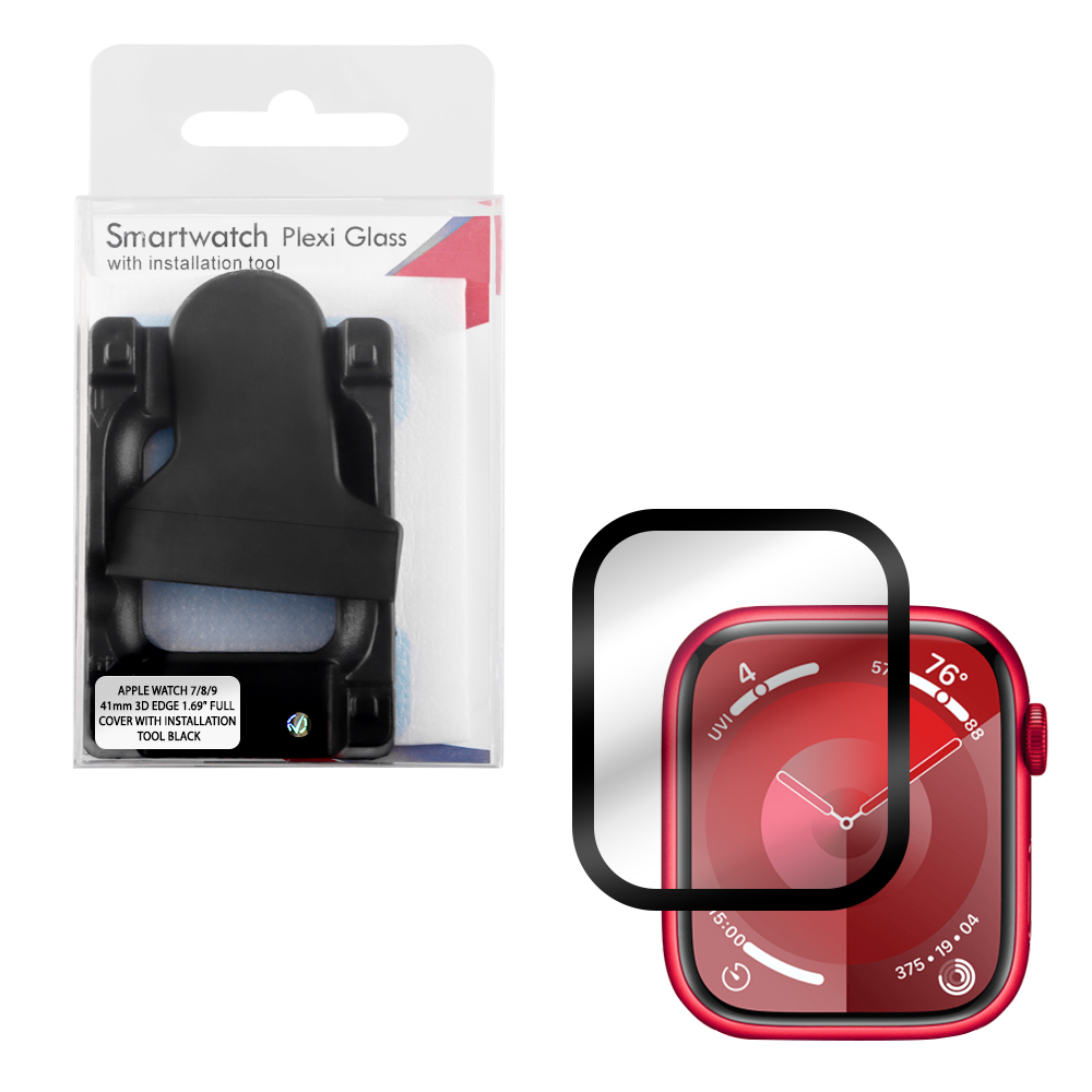 VOLTE-TEL PLEXI TEMPERED GLASS APPLE WATCH 7/8/9 41mm 3D EDGE 1.69in 0.30mm FULL COVER WITH INSTALLATION TOOL BLACK