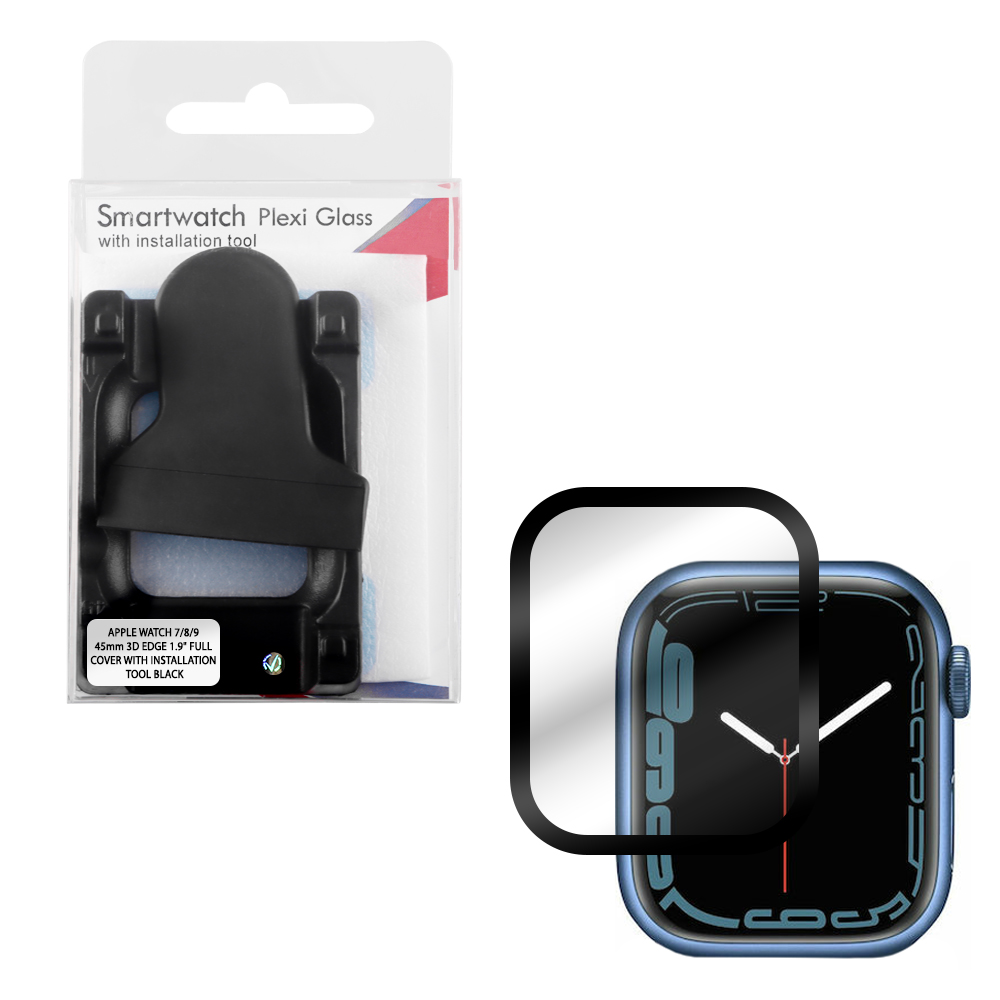 VOLTE-TEL PLEXI TEMPERED GLASS APPLE WATCH 7/8/9 45mm 3D EDGE 1.9in 0.30mm FULL COVER WITH INSTALLATION TOOL BLACK