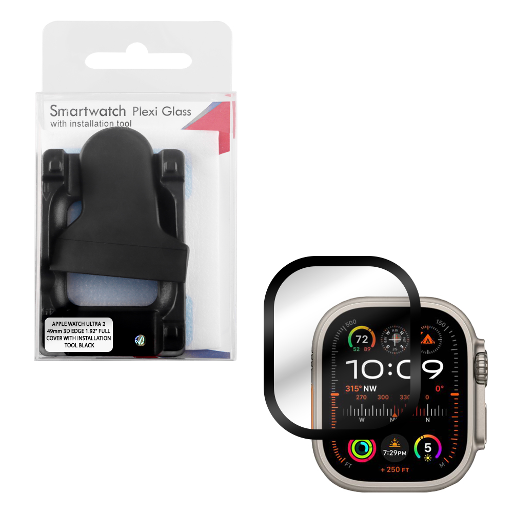 VOLTE-TEL PLEXI TEMPERED GLASS APPLE WATCH ULTRA 2 49mm 3D EDGE 1.92in 0.30mm FULL COVER WITH INSTALLATION TOOL BLACK