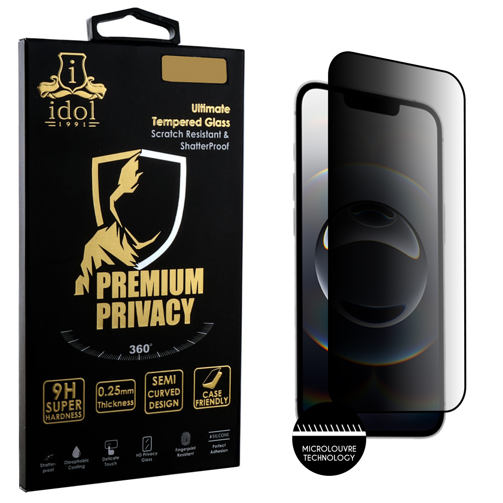 IDOL 1991 PREMIUM PRIVACY ANTISPY TEMPERED GLASS IPHONE 16E/ IPHONE 17E 6.1in 9H 0.25mm SEMI CURVED FULL GLUE BLACK