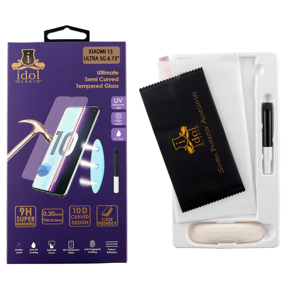 IDOL 1991 UV TEMPERED GLASS XIAOMI 15 ULTRA 5G 6.73in 9H 0.20mm 10D SEMI WITH GLUE-TOOL FINGER UNLOCK FULL COVER TRANSPA