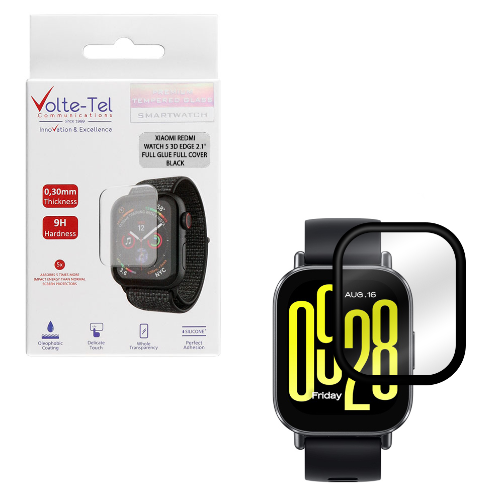 VOLTE-TEL PLEXI TEMPERED GLASS XIAOMI REDMI WATCH 5 2.1in 3D EDGE 0.30mm FULL GLUE FULL COVER BLACK